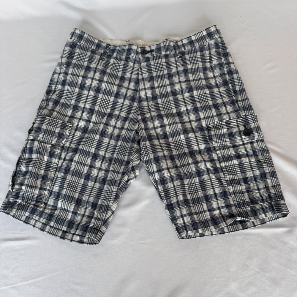 Dockers Mens Plaid Cargo Shorts Navy Blue White Cotton Stretch Size 34
